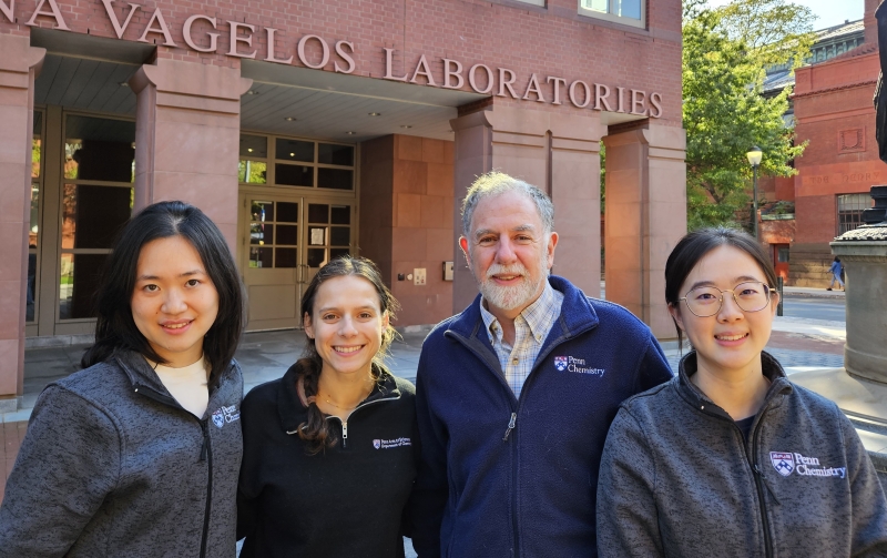 Mallouk pictured with Ph.D. students (from left to right) Wenxiao Deng, Amy Metlay, and Mary Gao, who are all part of the team working on this project.