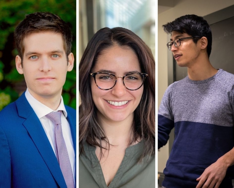Three individuals in a collage format. On the left, a man in a blue suit and lavender tie poses outdoors with a neutral expression. In the center, a smiling woman with long brown hair and round glasses stands indoors with a softly lit background. On the right, a man wearing glasses and a blue-gray sweater is mid-speech or presentation in a classroom setting.